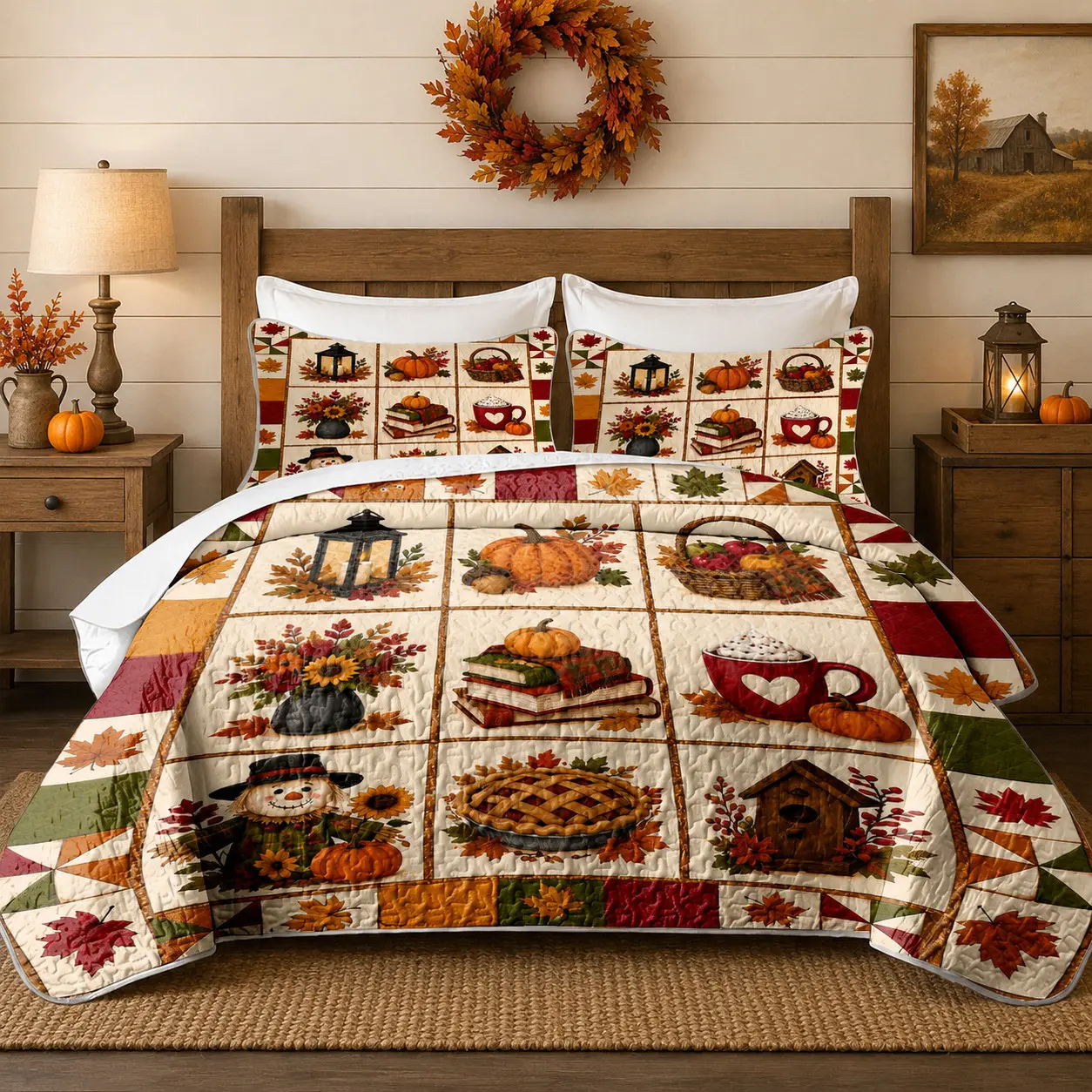 [Back to School] 3-Piece Autumn Pumpkin & Scarecrow Quilt Set, Farmhouse Patchwork Bedspread with 2 Pillow Shams, Soft Lightweight Wrinkle-Resistant Breathable Fade-Resistant All-Season Bedding for Queen/King Beds, Thanksgiving Decor
