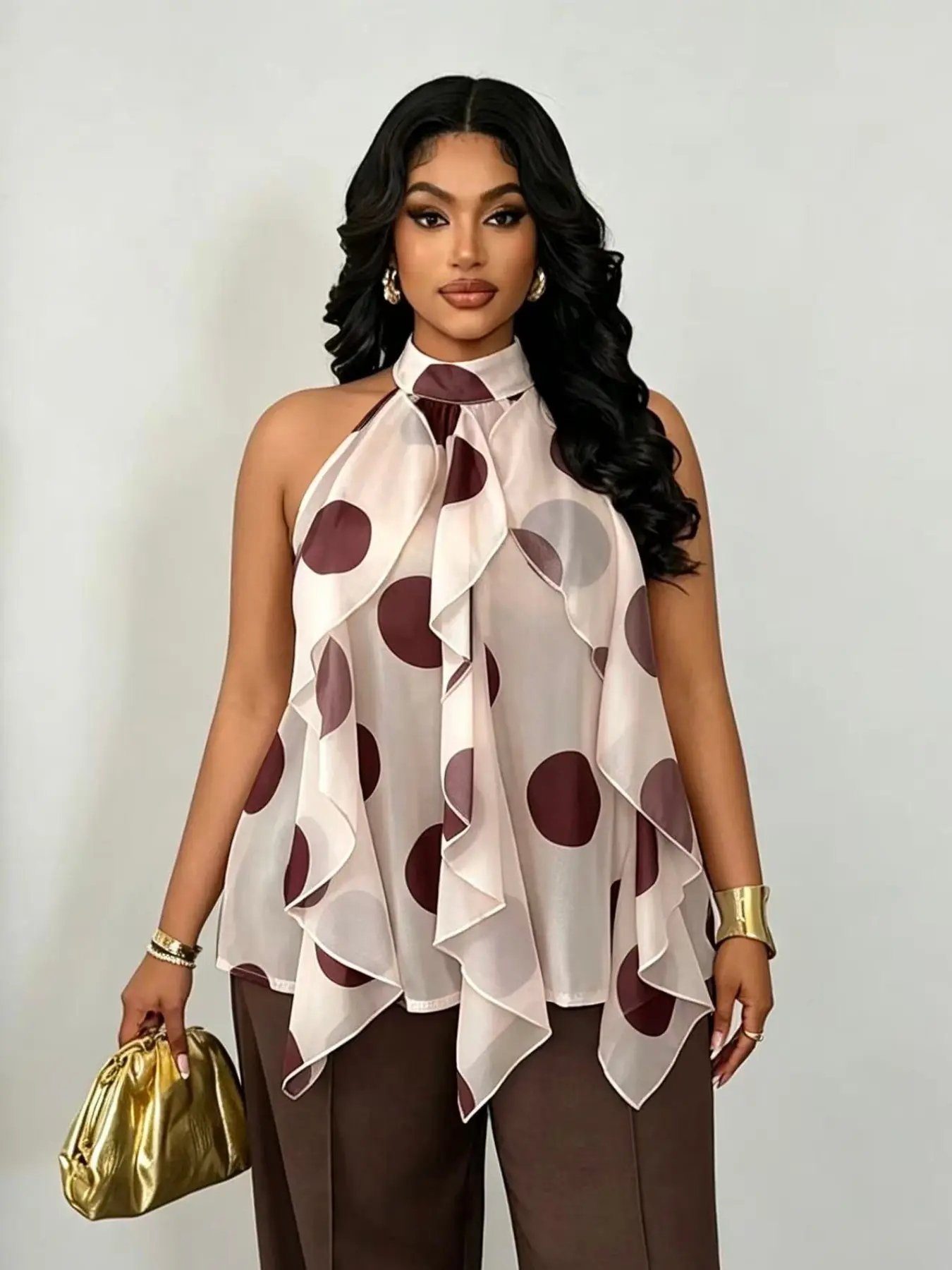 Plus Size Vintage Polka Dot Halter Top Blouses, High Neck Sleeveless Design, Lightweight Chiffon Fabric, A-Line Hem, Perfect for Office & Dates