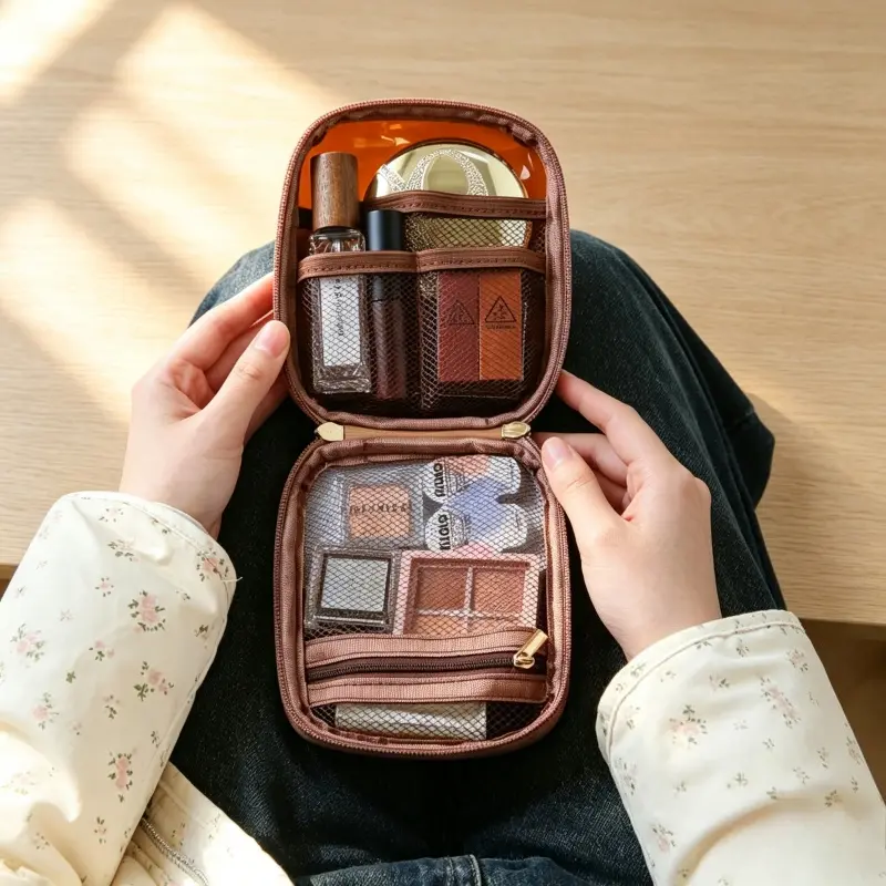 Retro Brown Mini Travel Makeup Bag, Multi-compartment Mesh Pocket Inside, Clear Front Panel Easy View, Commute Pouch For Lipstick Blush Eyeshadow