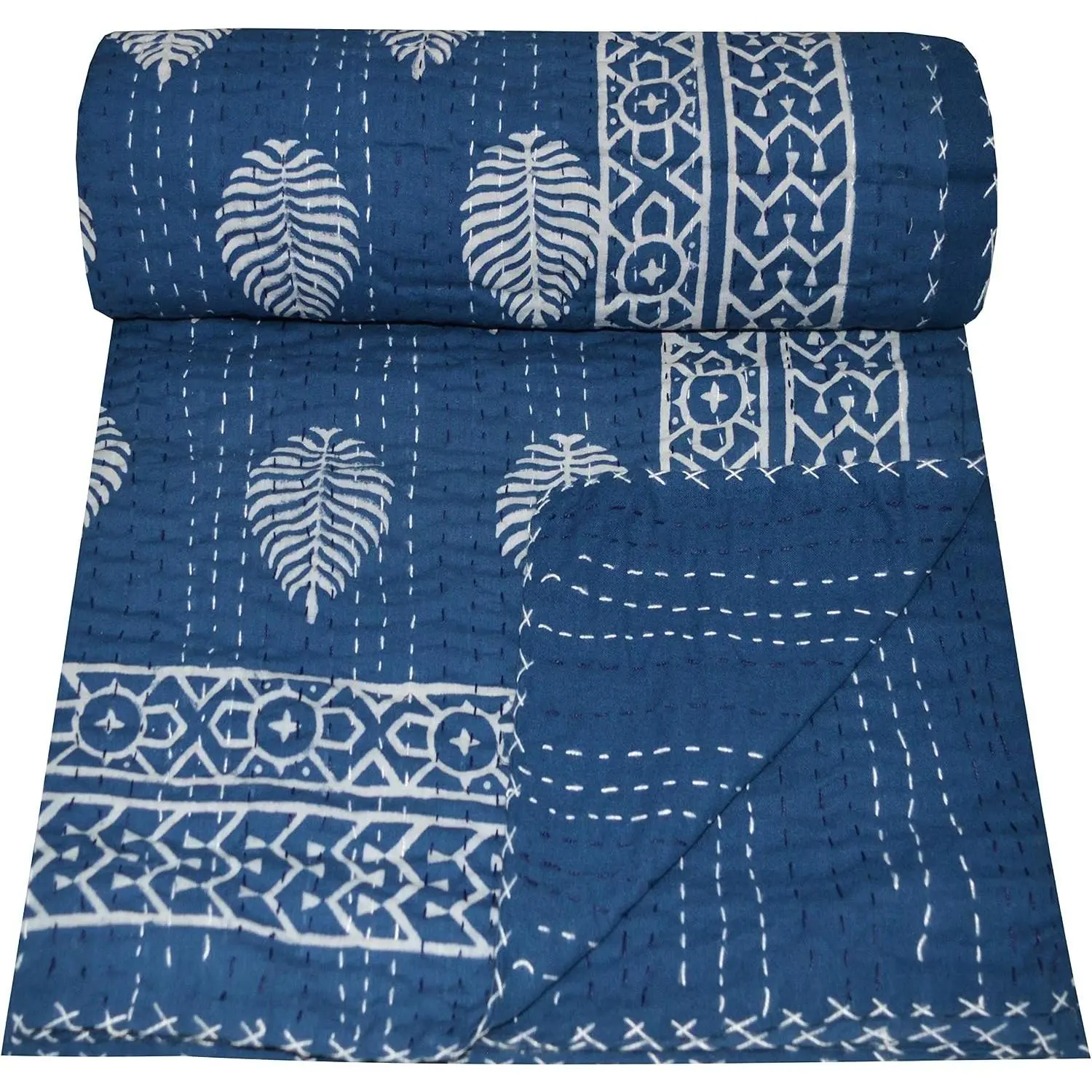 Indian Handmade Twin Cotton Kantha Quilt Throw Blanket Bespread Indigo Blue 90x60 Inch