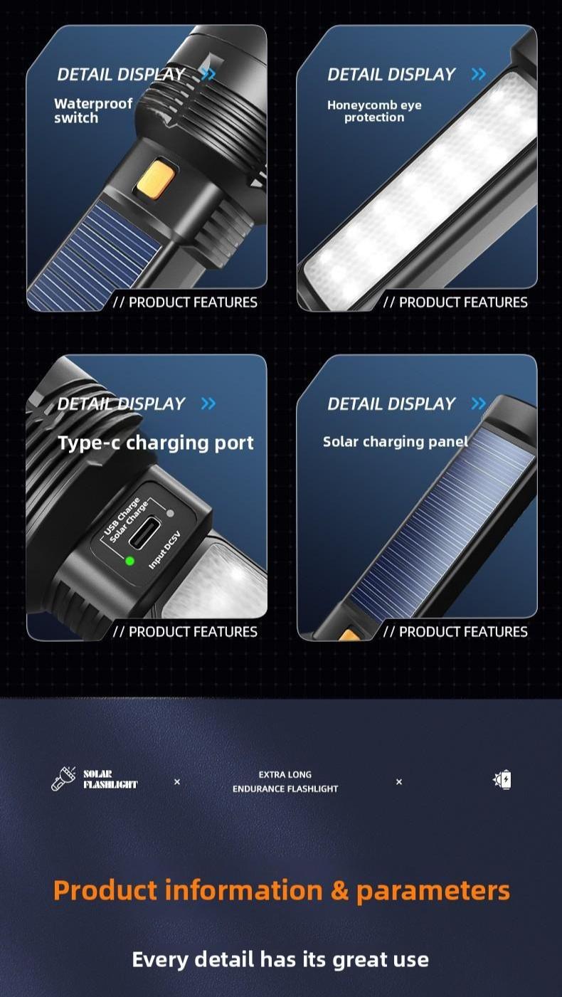 Solar Powered Flashlight, High Brightness Long Range Rechargeable Portable Torch, Concentrated Light for Camping Hiking Emergency