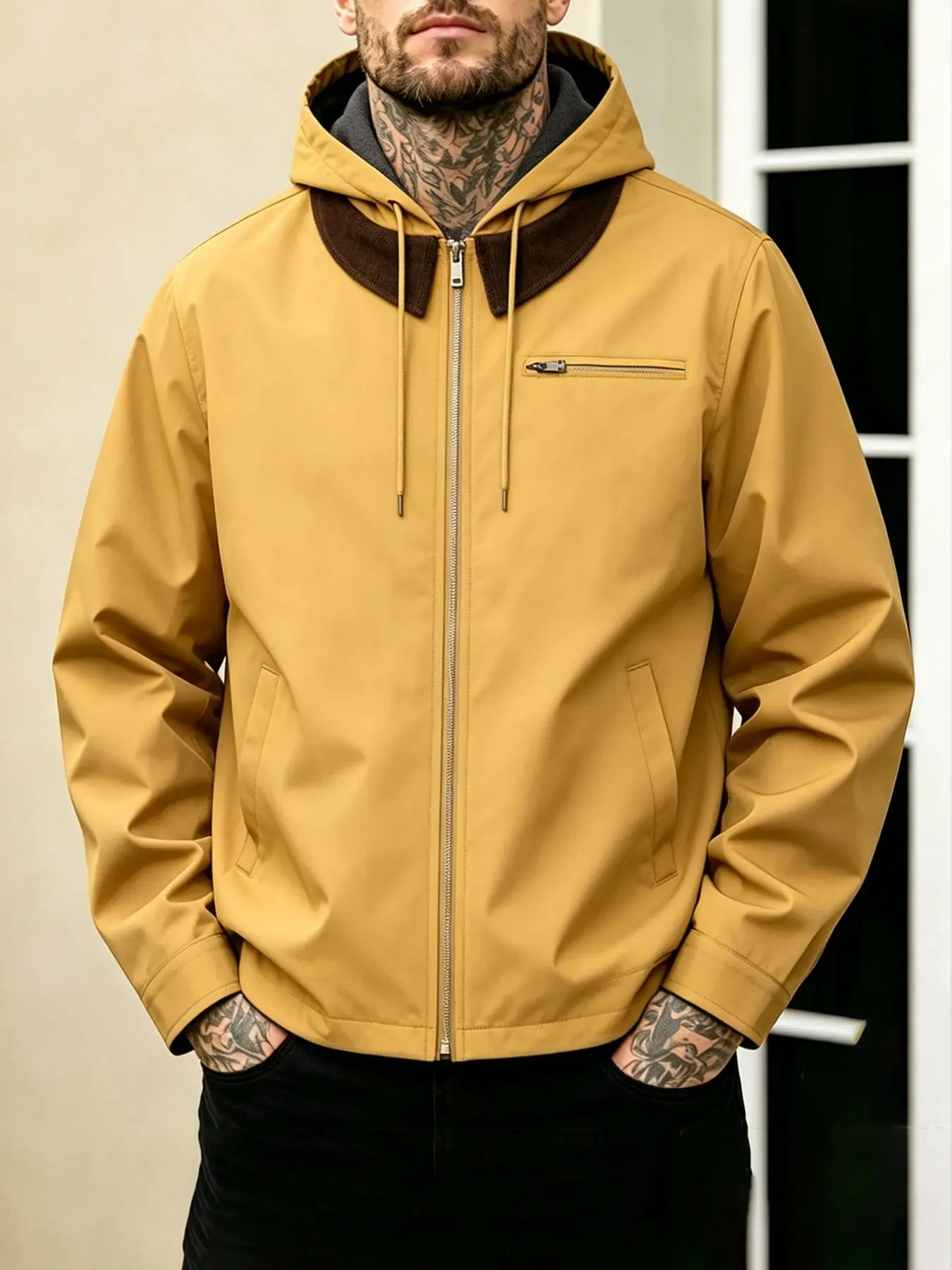 Men's Turmeric Vintage Hooded Jacket, Corduroy Colorblock Neck, Horizontal Zipper Chest Pocket, Casual Top, Retro Style Outerwear