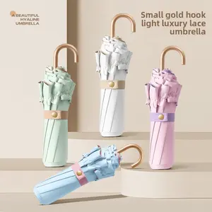 Solid color lace 70% off curved handle umbrella with UV protection, lightweight and portable, fresh and stylish sunshade umbrella for women