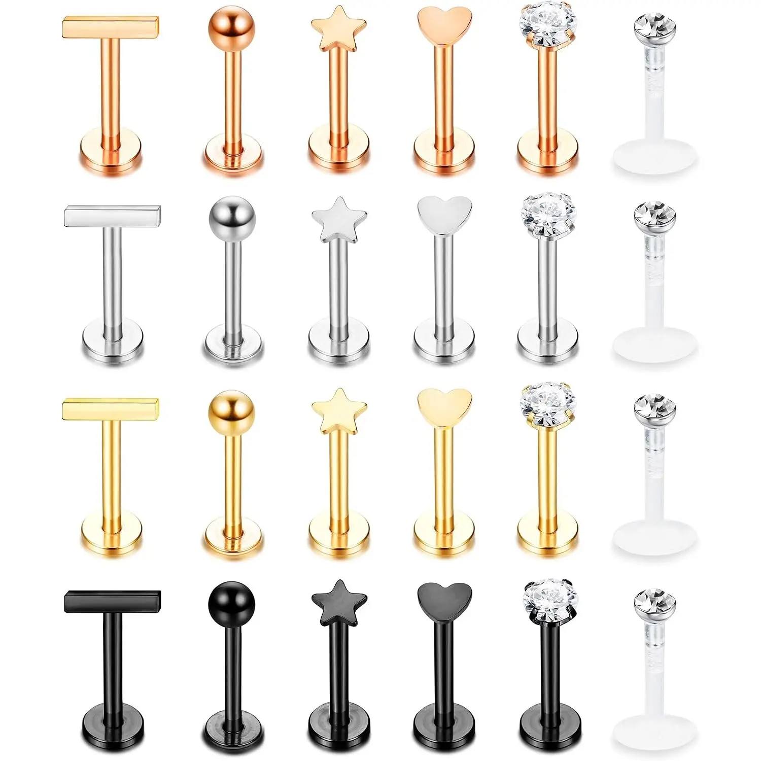 24 Pcs 16G Labret Lip Stud Set Unisex, 316L Surgical Steel & Clear Bioflex CZ Ball Heart Star Barbell, Monroe Lip Nostril Tragus Helix Cartilage Piercing Jewelry Hypoallergenic