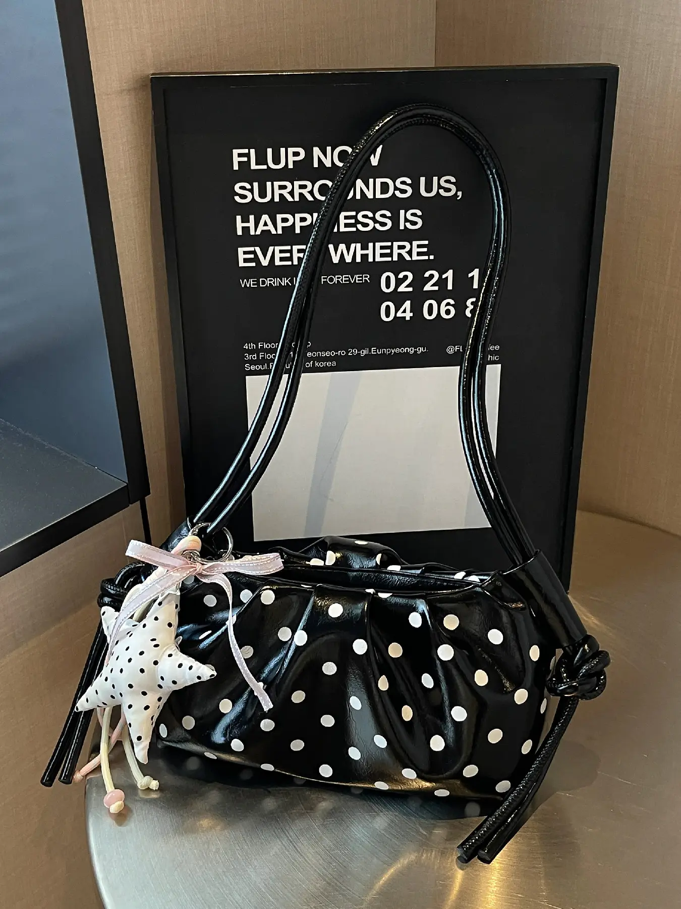 Advanced wave point pleated design shoulder bag with knot drawstring design at both ends, comes with wave point star pendant, shiny leather slim shoulder strap, sweet and cool girl style date shopping handbag, carry on armpit bag