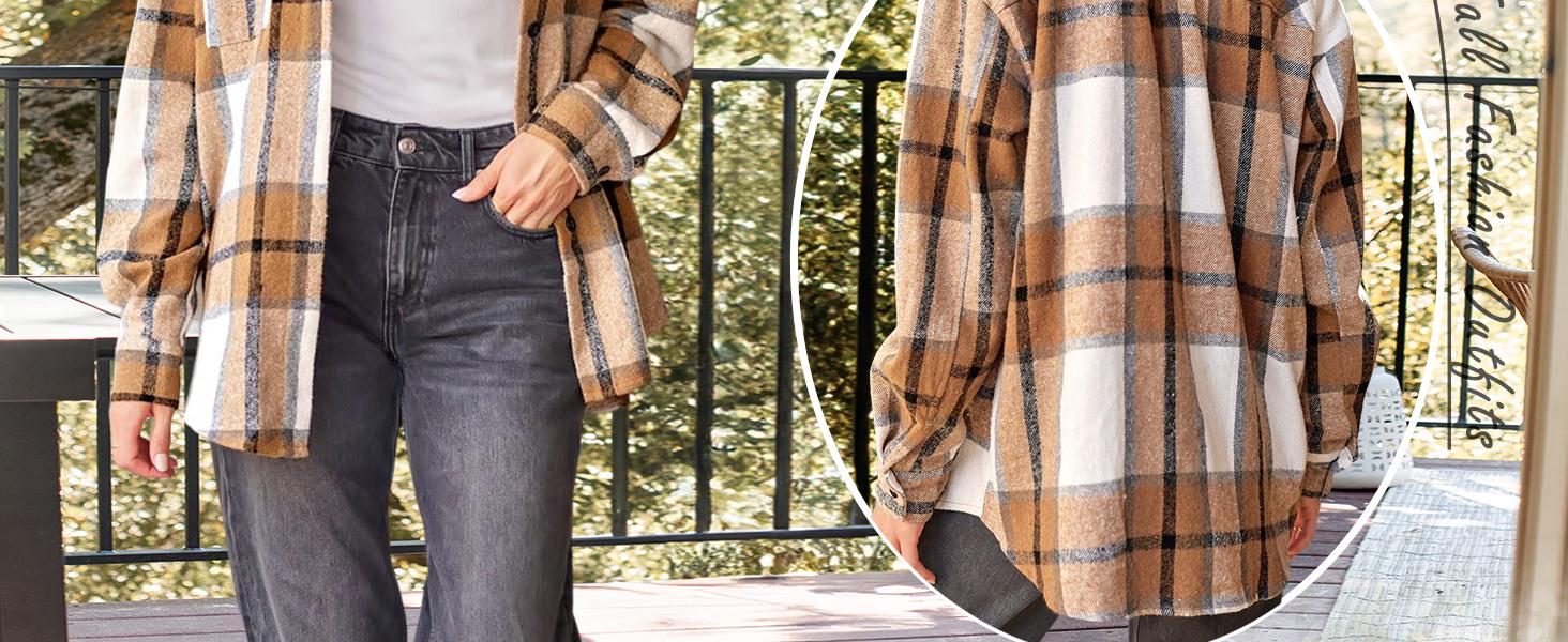 2026 Trendy Queen Womens Flannel Shacket Casual Jacket Plaid Button Down Long Sleeve Shirt Fall Winter Outfits
