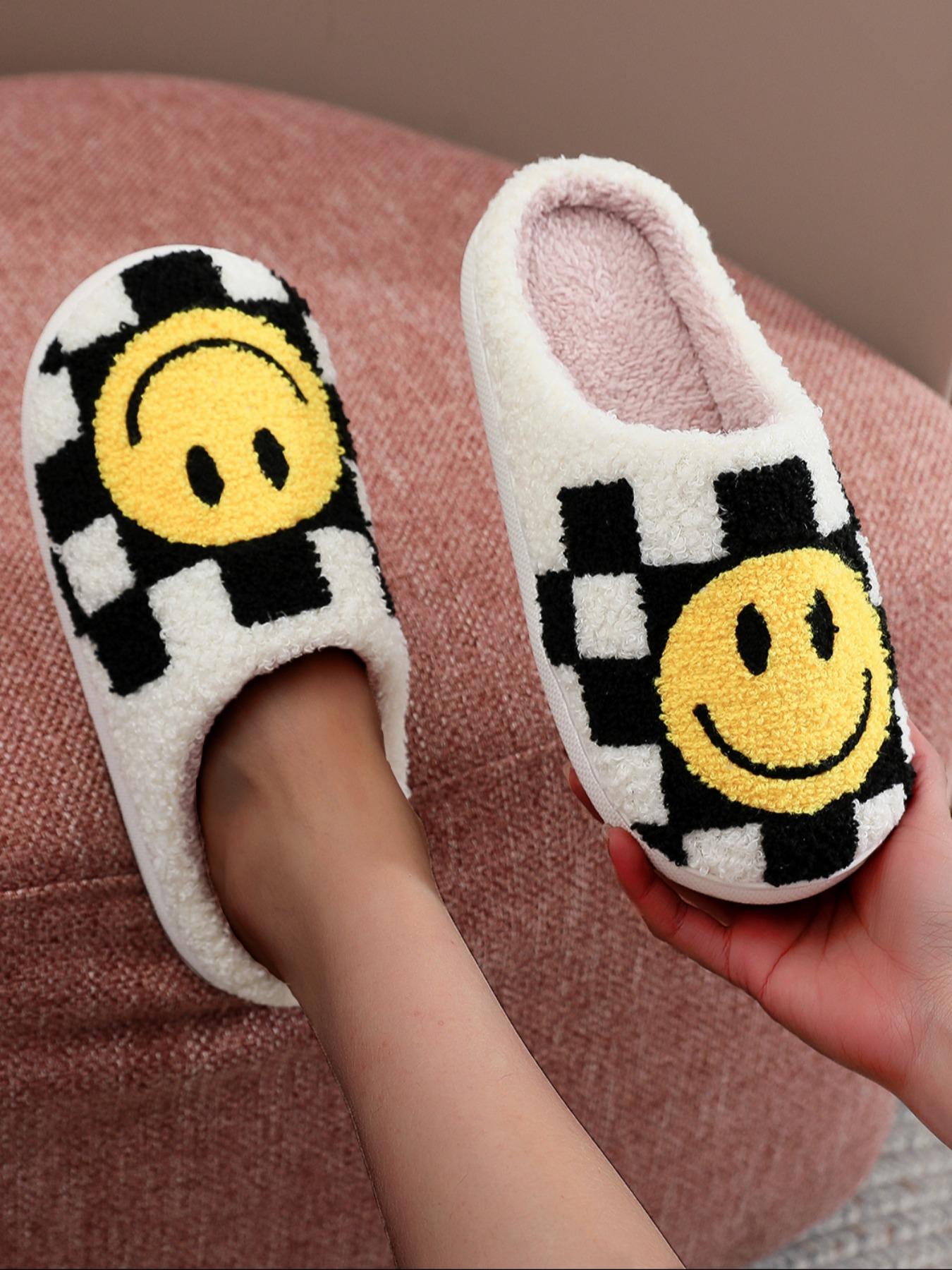 Colorblock Plaid & Smile Face Pattern Plush Slippers, Fashionable Home Slippers for Indoor Outdoor Wear, Fluffy Fall & Winter House Shoes for Women, Unique Gifts for Women, Footwear