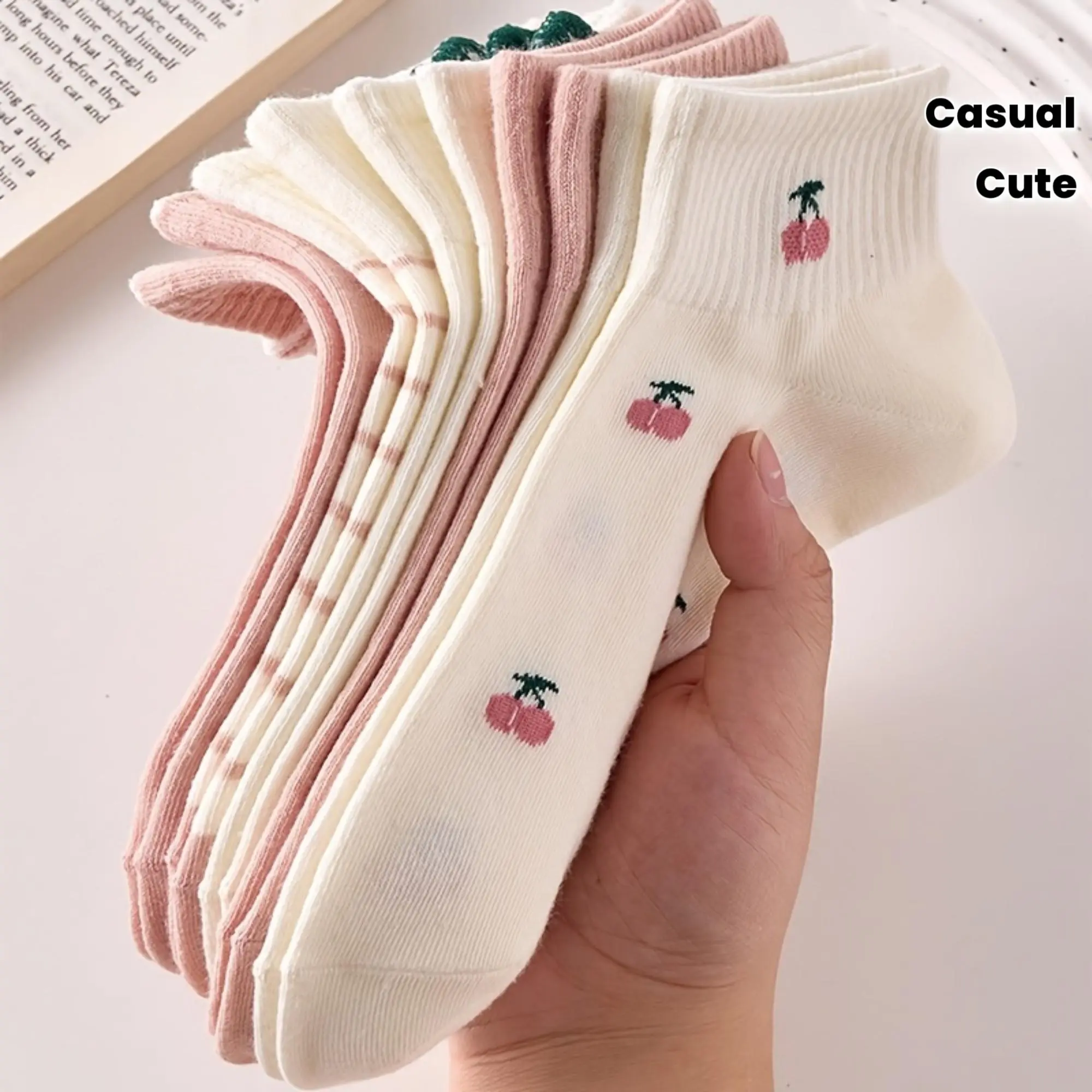 [Women's Ankle Socks] 5-Pair Women's Socks - Cute Pink Cherry Strawberry Rabbit Patterns, Breathable Ribbed Trim & Fruit Vegetable Design, Machine Washable Casual Street Style Ankle Socks for All Seasons, Office, Everyday