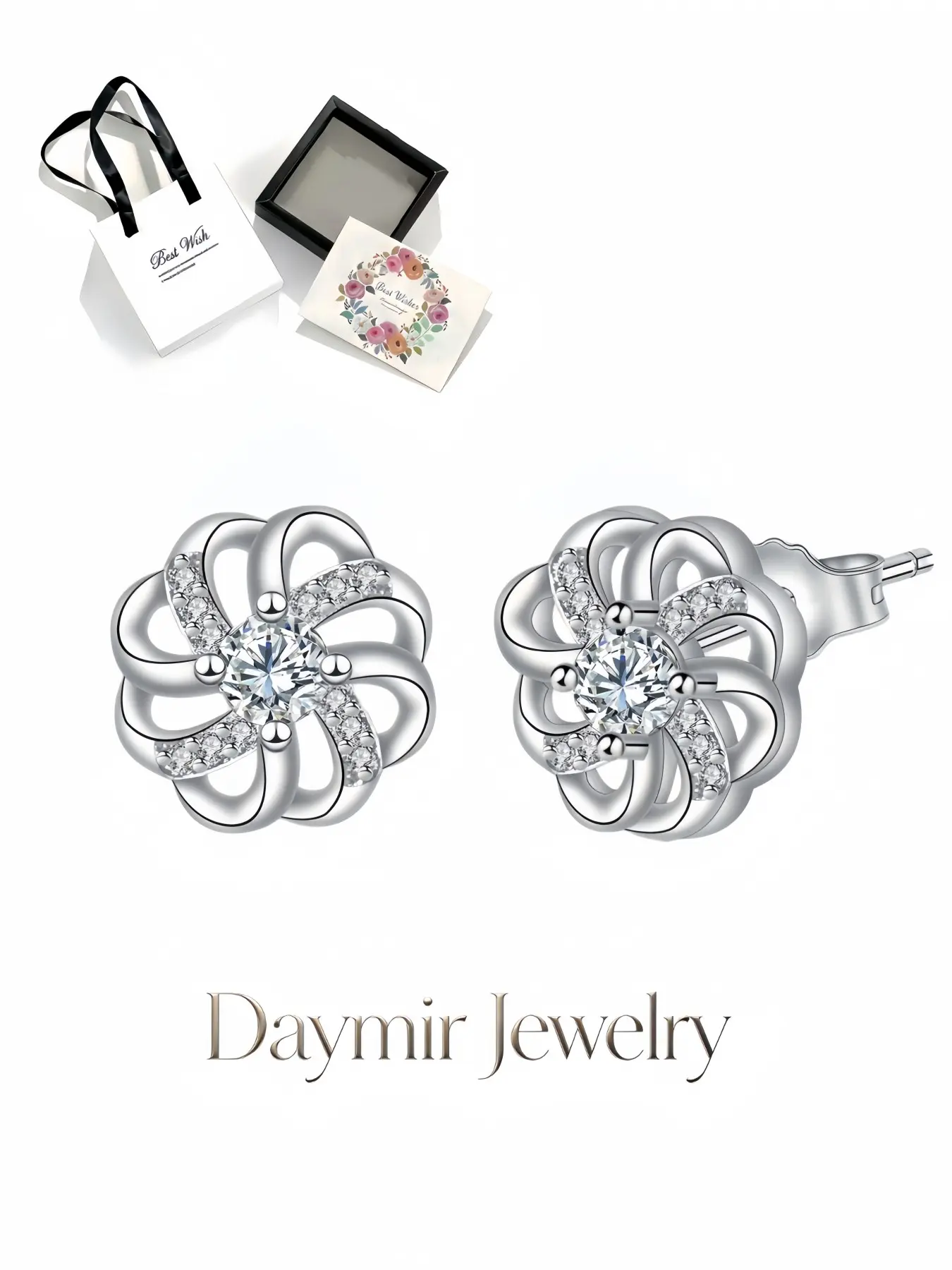Silver Sequence Rotating Floral Diamond Earrings, dazzling original hoops with S925 silver posts. Packaged in an elegant drawer jewelry box, lovely gifts for birthdays, Mother’s Day, Valentine’s Day, Christmas and anniversaries.