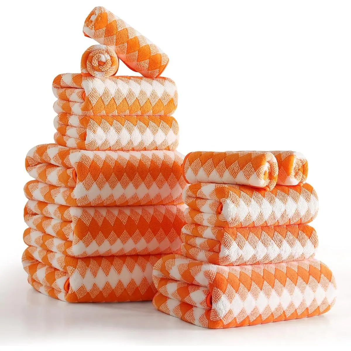 Pcs Orange White Diamond Towel Set-4 Bath Towels,4 Hand Towels,4 Washcloths Soft Polyester Towels with Loop Absorbent Shower Towel Quick Dry Beach Chair Towel Family Towels for Bathroom Gym Pool