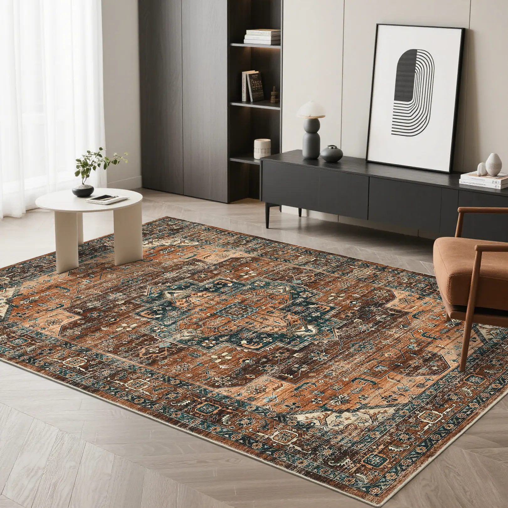 Vintage Printed Washable Runner Rug 2x6 Non Slip Stain Resistant Imitation Cashmere Soft Low Pile Hallway Carpet for Laundry Bedroom Entryway, Camel Green Brown Blue-Green Tones, 2x6 4x6 5x7 8x10 9x12 10x13 Sizes