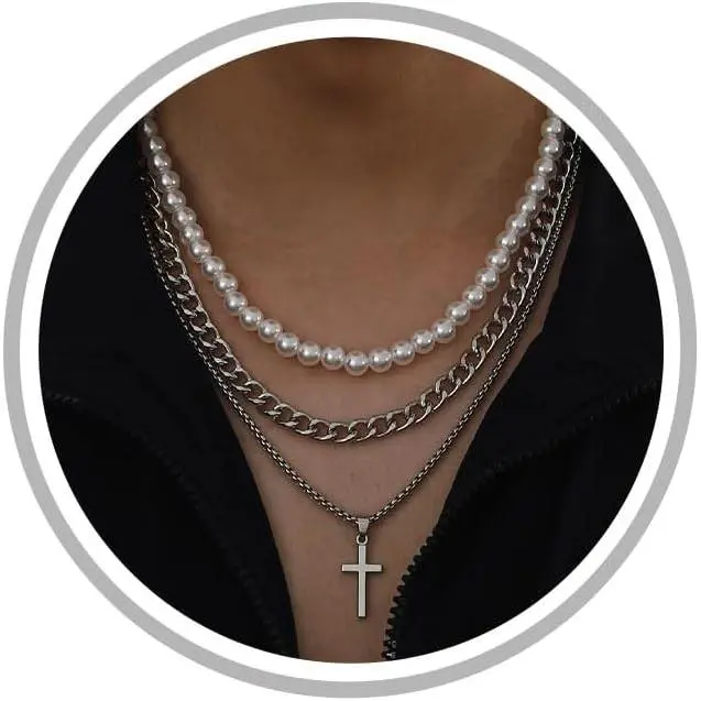 Pearl Necklace for Men Layered Cuban Link Cross Necklaces Mens Stainless Steel Chain Faux Pearl Choker Compass Pendant 3PCS Necklaces Set for Men Women Jewelry Gift