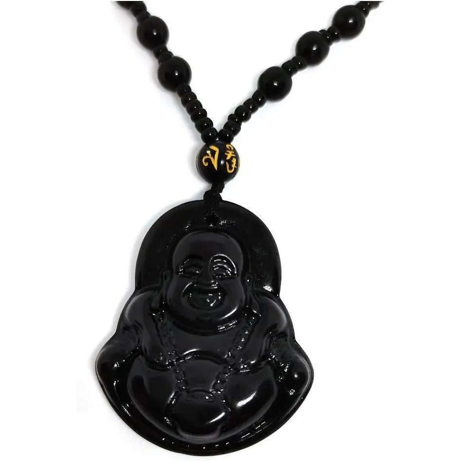 Obsidian Stone Buddha Beads Chain Necklace Imitate Jade Buddhism  for Women Men Protect Lucky Necklace
