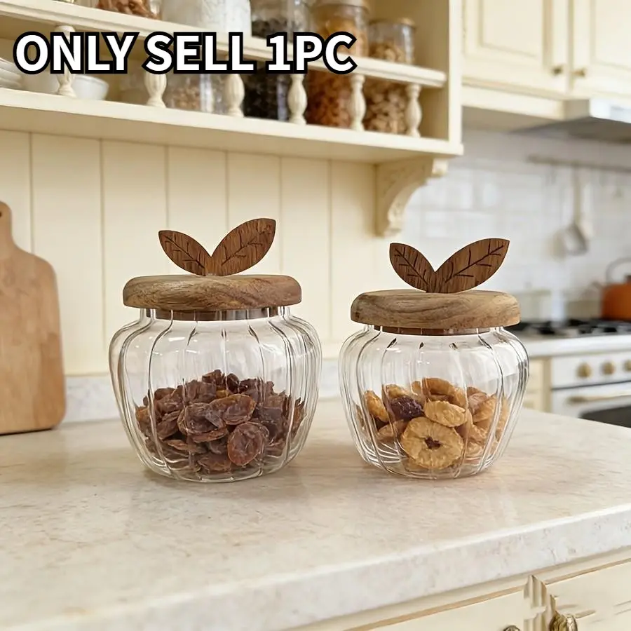 Pumpkin Shape Glass Storage Jar, Borosilicate Glass, Wooden Lid, Durable & Easy Clean, Ideal for Grains, Spices, Dry Flowers, Kitchen Decor, Clear Food Storage, Glass Jars, Glass Container, Cereal Container