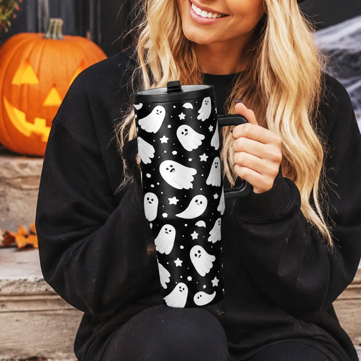 1 Pc 40oz Halloween Ghost Tumbler with Handle, Cute Spooky Print Insulated Stainless Steel Travel Mug, Double Wall Vacuum Cup with Leakproof Lid, Keeps Drinks Cold 24H & Hot 12H, Reusable Coffee Cup for Fall, Halloween Party, Home, Office & Gift