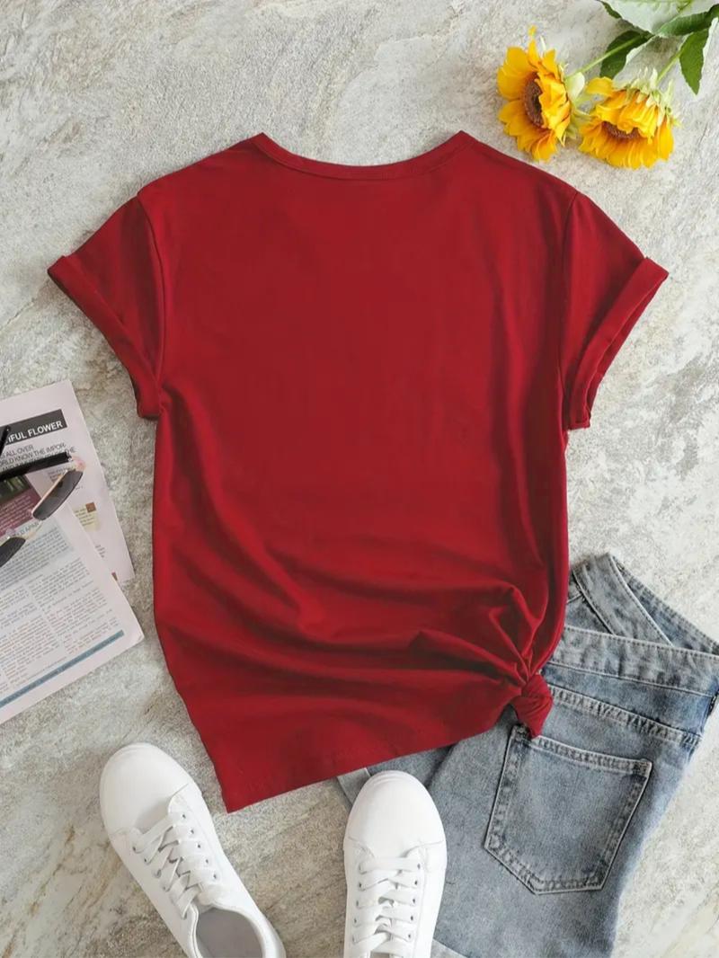 Women's Letter Print Round Neck Tee, Summer Clothes Women, Casual Short Sleeve Crew Neck T-Shirt for Summer, Fashion Women's Top for Daily Wear