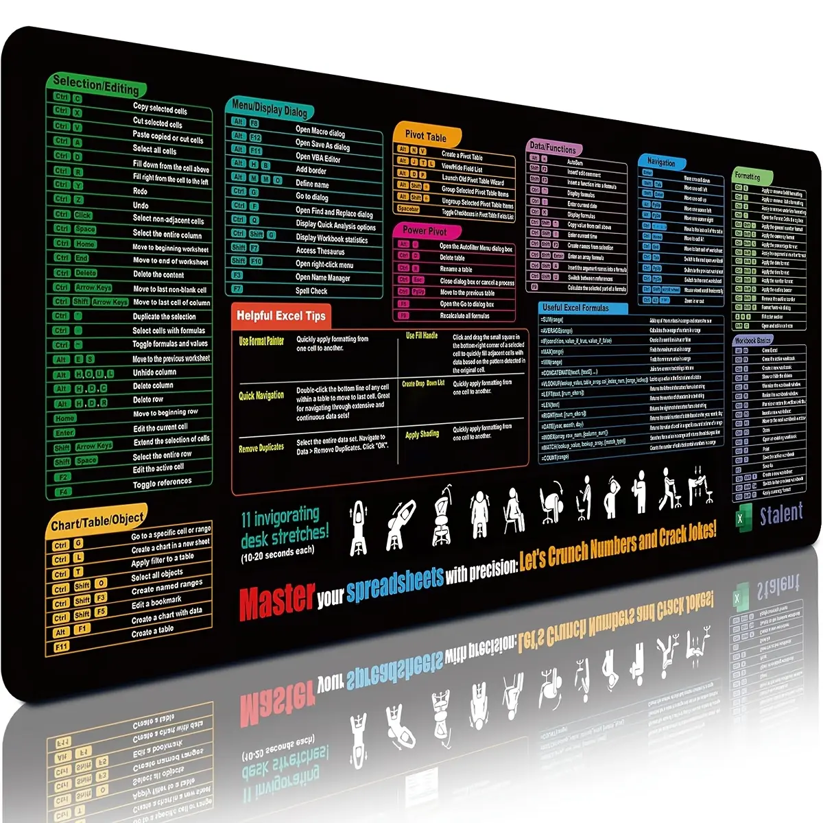 Excel advanced shortcut mouse pad, Shortcuts Mouse Pad, XL large gaming desktop pad, high quality micro-woven fabric, with locking edge and non-slip rubber base, high definition printing, suitable for PC/laptop/wireless mouse, Gaming Mat