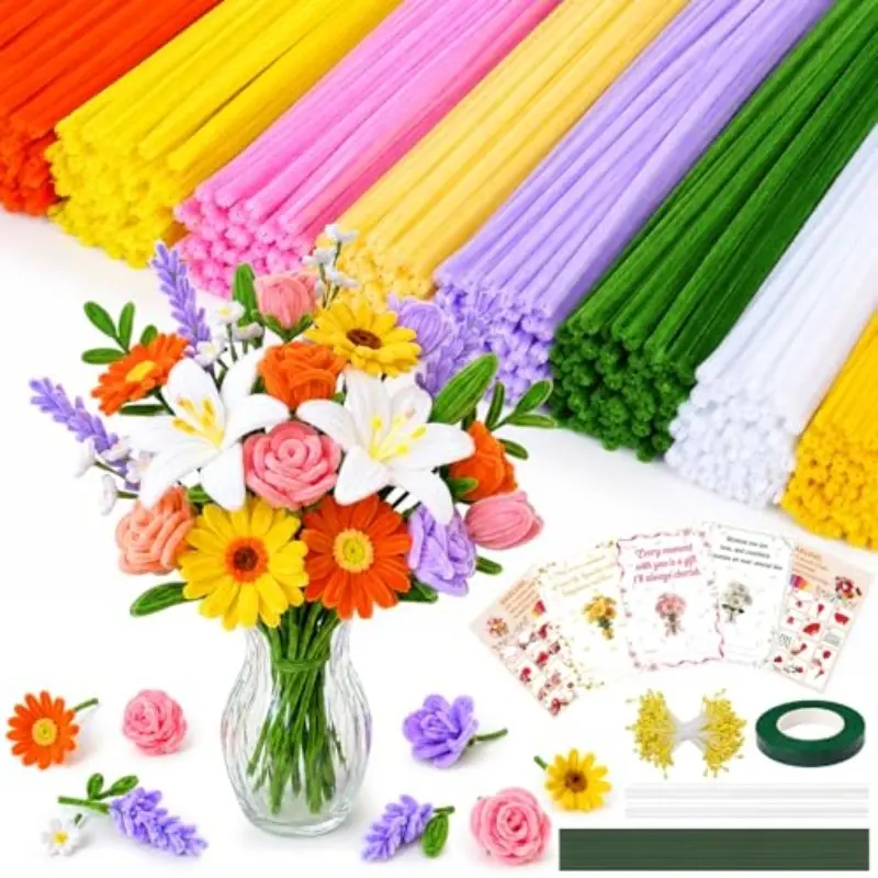 900-Piece Twisty Stick Flower Making Kit, Includes 8 Colors Thick Chenille Stems, Floral Wire, Tape, Petals, Cards, DIY Craft Supplies
