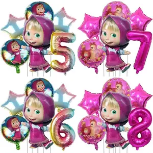 Mashas and The Bears Birthday Number Ballons 6pcs Set Figure Aluminum Foil Balloons Cartoon Theme Party Decoration Props Gift