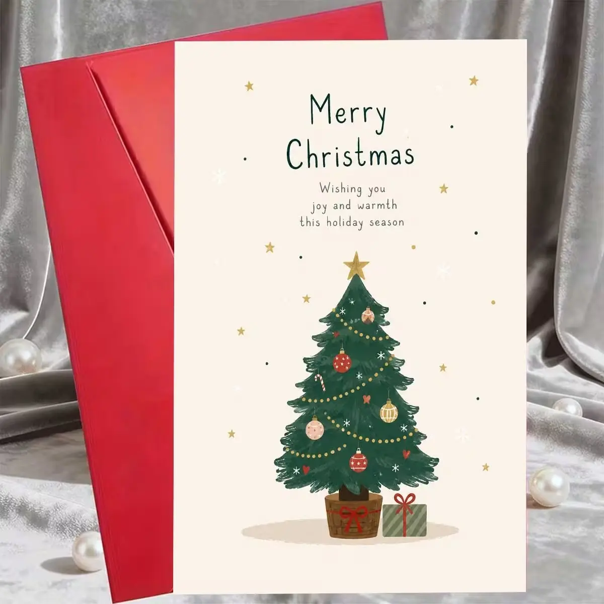 Exquisite Christmas Card, Hand-Painted Style, Colorful Ornaments, Merry Christmas Print, Gift Box Included, Perfect for Friends and Family