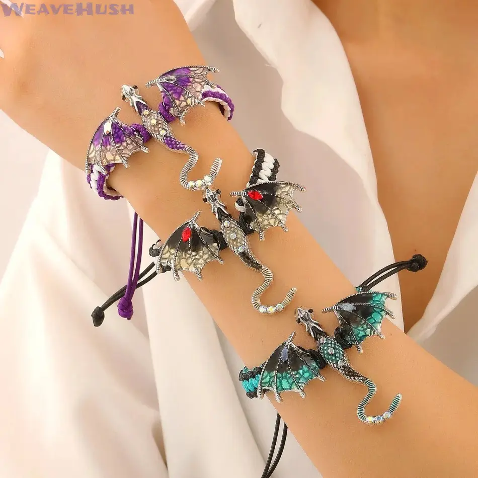 Enamel Flying Dragon Braided Rope Bracelet for Women, Sparkly Crystal Accent Gothic Handmade Adjustable Wristband Bangle for Daily & Party Outfit