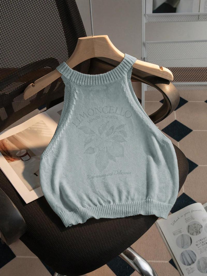 Women's Lemon Print Round Neck Crop Sweater Vest, Casual Sleeveless Knit Tank Top for Summer, Fashion Women's Knitwear for Daily Wear