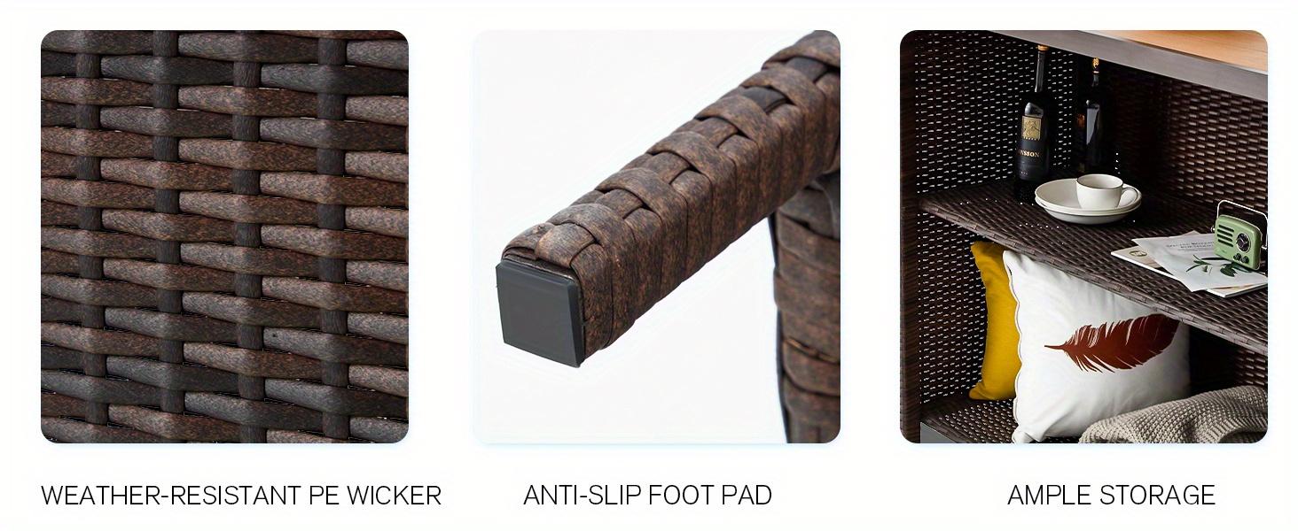 Outdoor Tiki Bar Set, 3 Pieces Wicker Patio Bar Set w/2 Height Stools, Storage Shelf, Canopy, Plastic Wood Tabletop for Backyard Poolside Garden, Brown