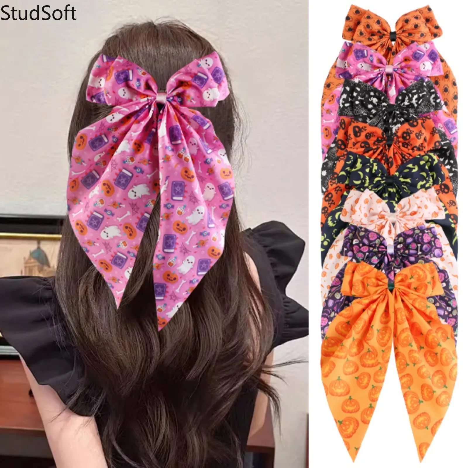 8pc Halloween Large Bow Hair Clips Pack Cute Ghost Pumpkin Print Ribbon Bowknot Barrettes Bulk Long Streamer Ponytail Holder Costume Party Accessories