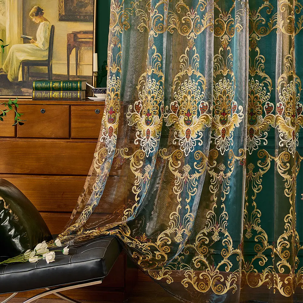 2-Panel Gold Damask Embroidered Floral Sheer Curtains - Dark Green Luxury Glam Breathable Baroque Voile Window Drapes for Bedroom, Living Room Home Decor