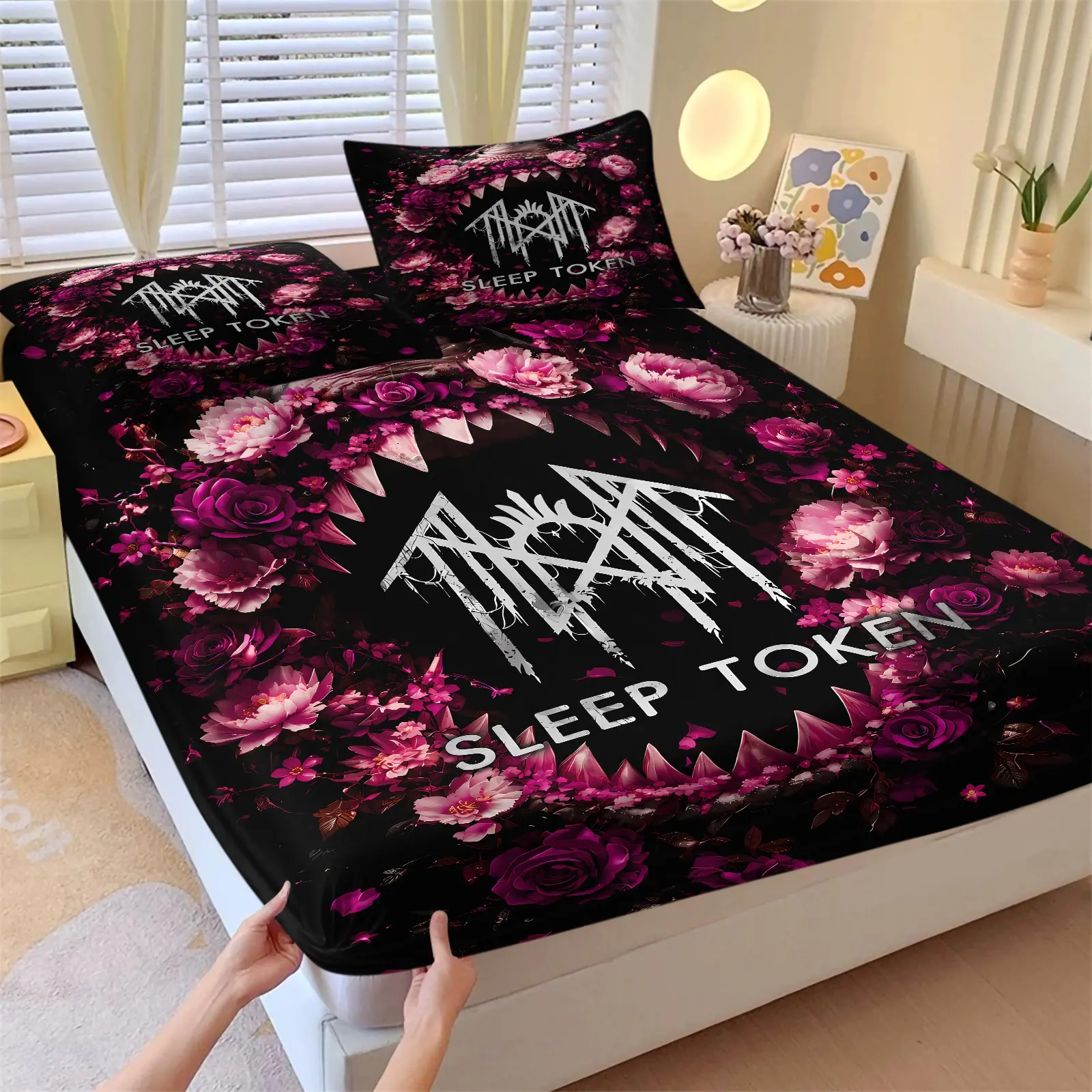 Dark Pink‑Purple Rose Sleep Token Fitted Sheet Set & 2 Pillowcases, Shark Tooth Flower Ring & Band Logo Print Bedding, Elastic Binding Deep Pocket, Gothic Metal Rock Style Teens & Fans Bedroom Dorm Gaming Room Decor, Bedsheet Sets