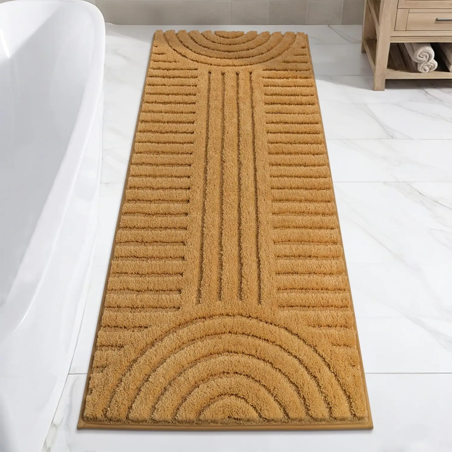 Super Soft Bathroom Runner Rugs 24"x60" Non Slip Boho Bathroom Mats Microfiber Absorbent Carpet for Bath Room Machine Washable Shaggy Bath Rugs for Shower Bathtub Home Decor, Mustard 2'x5'