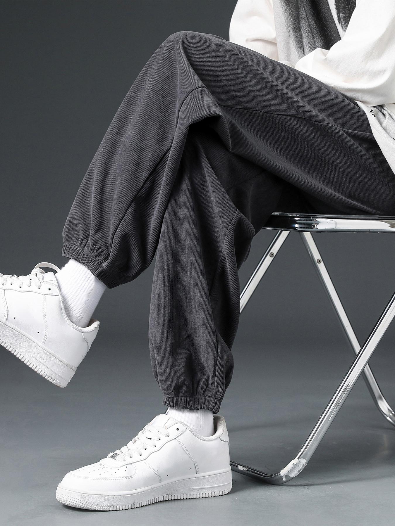 Men's Solid Pocket Drawstring Waist Jogger Pants, Loose Corduroy Trousers for Spring & Fall, Baggy Plain Menswear, Casual Comfy Men Bottoms for Daily Wear, Lounge Boyfriend Sweatpants for Gift