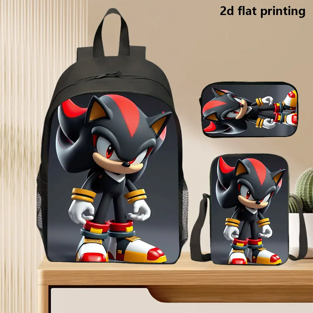 Shadow the Hedgehog Character Print 3-Pieces Backpack Set - Durable 600D Oxford Cloth School Bag Pack, Lunch Box, Pencil Case, Adjustable Breathable Straps, 15in Laptop Compatibility for Kids Backpacks for School Travel