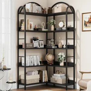 Garvee Arched L-Shaped 5-Tier Corner Bookshelf – Industrial Bookcase with Metal Frame, Spacious Freestanding Display Rack for Living Room, Bedroom, or Office