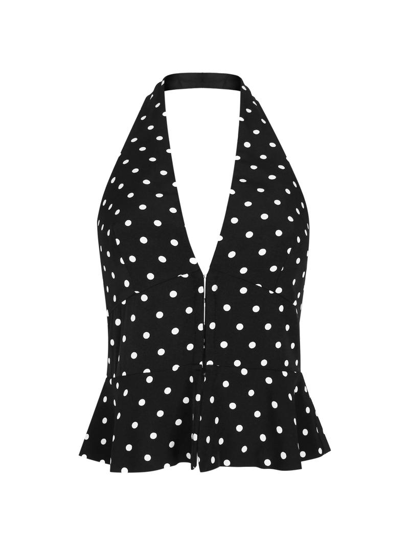 Women's Polka Dot Print Open Front Crop Tank Top, Casual Fitted Sleeveless Cropped Top for Summer, Women's Clothing for Daily Wear