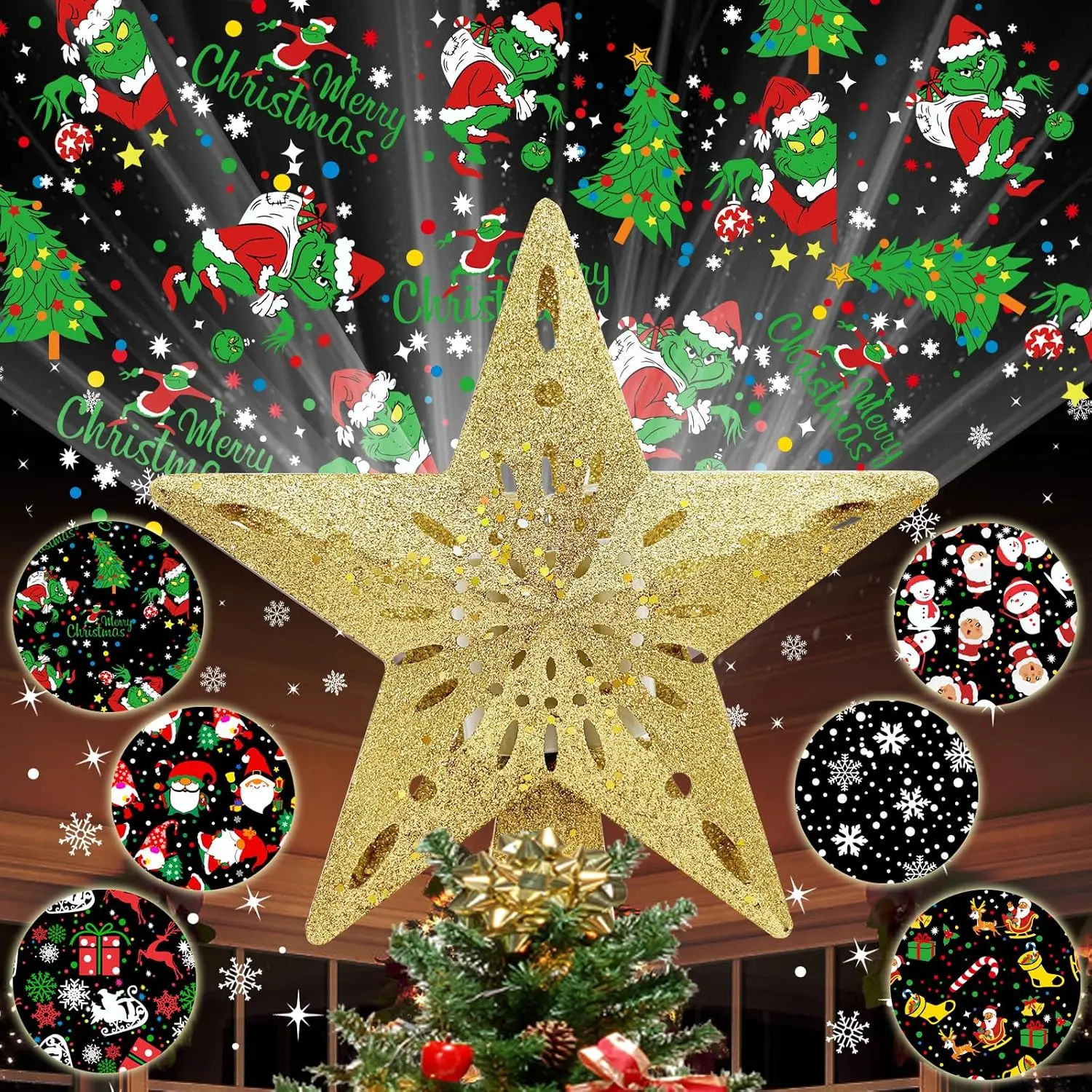 10" Christmas Tree Topper  Lighted with 6 Projection Modes, Light Up Christmas Tree Topper -in LED Rotation Light,  Glitter Dynamic Projector  for Xmas Party Decorations