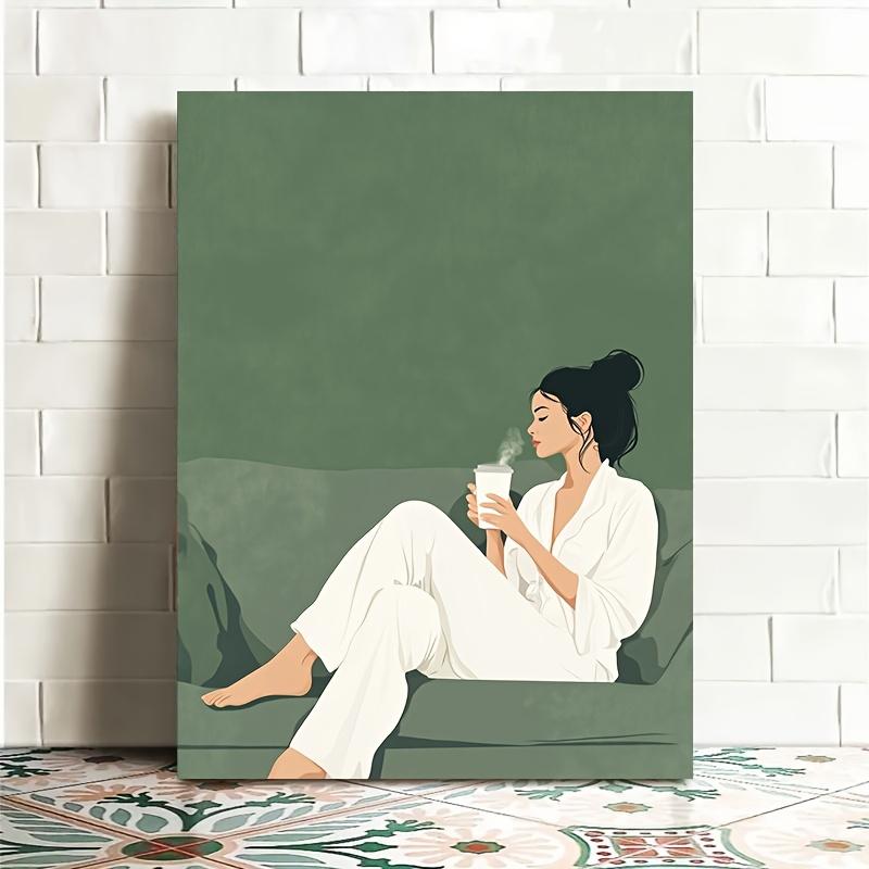 2D Flat, 1pc of 2D High-definition Printed Framed Canvas Art and Poster Featuring A Woman in a White Robe Sitting on a Striped Sofa Suitable As Decorative Art for Living Room Bedroom And Bathroom. Photo Ornaments