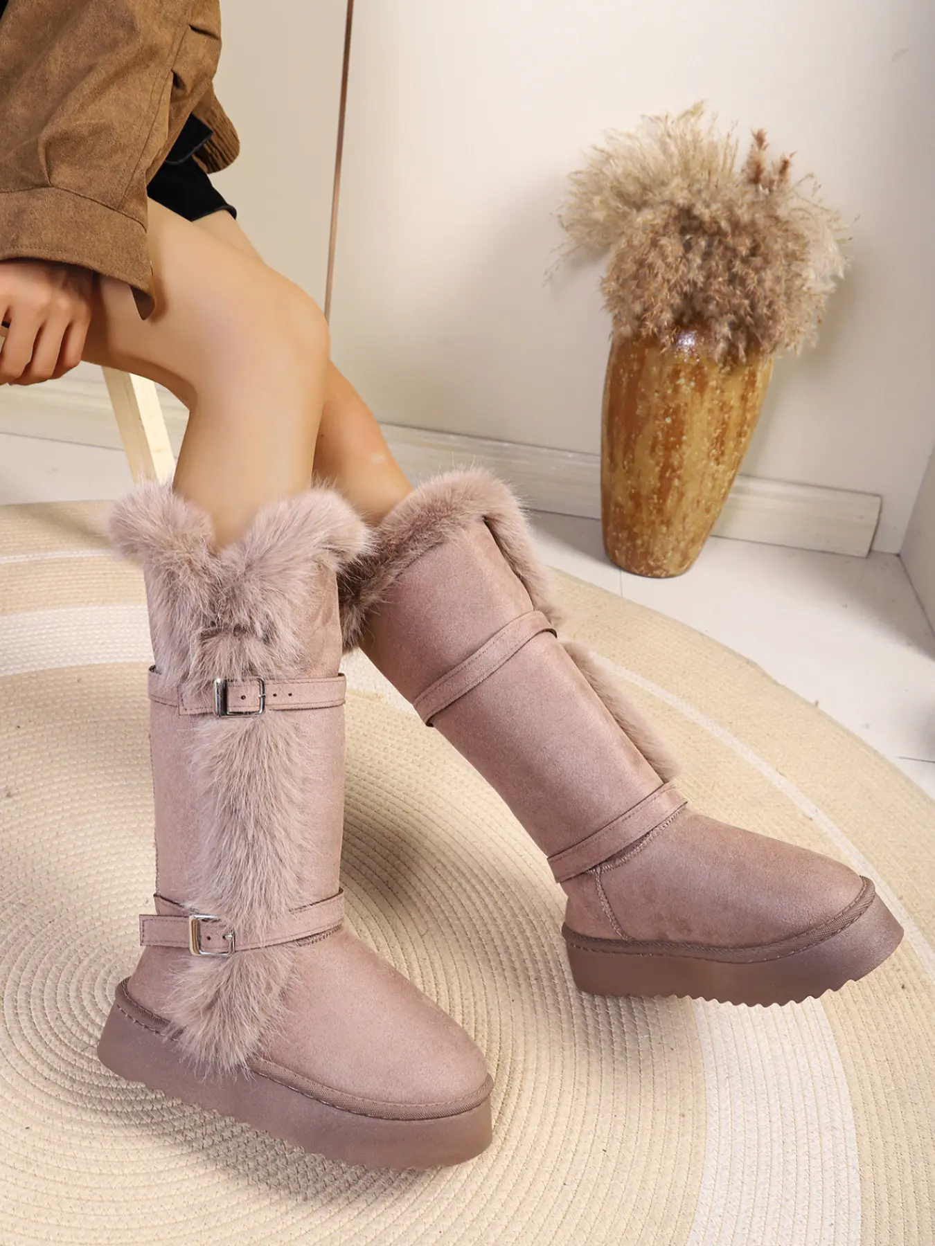 New Fall Winter Women's Mid-Calf Snow Boots, Fleece Lined Thick Plush, Dual Metal Buckles, Anti-Slip Warm Cotton Shoes, Versatile Outdoor Booties