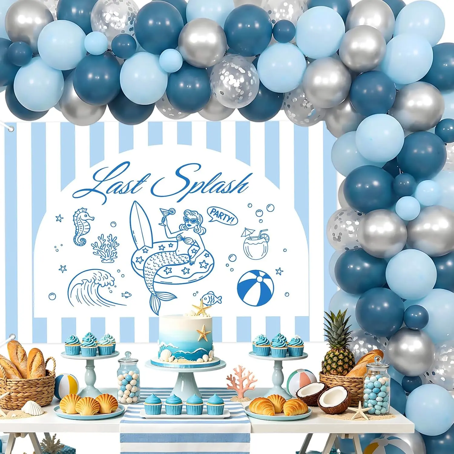 Cheereveal Last Splash Bachelorette Party Kit, Blue Balloon Garland Arch| 3 x 5ft Coastal Mermaid Backdrop, Seahorse, Bride To Be, Bridal Shower, Beach Theme Decor Set