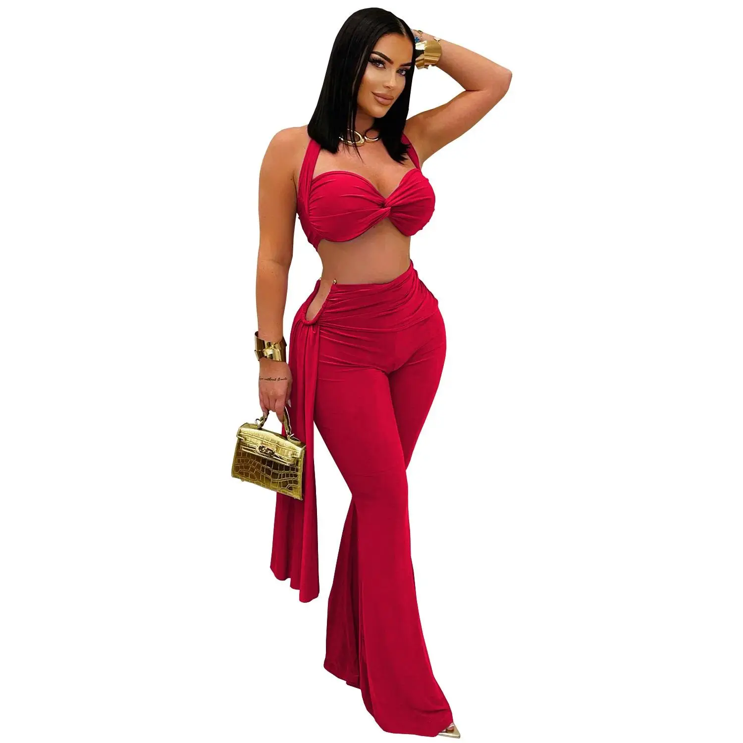 Women's Set Halter Neck Crop Top and Ruched Wide Leg Pants 2026 Holiday Vacation Sexy Two 2 Piece Set Outfits
