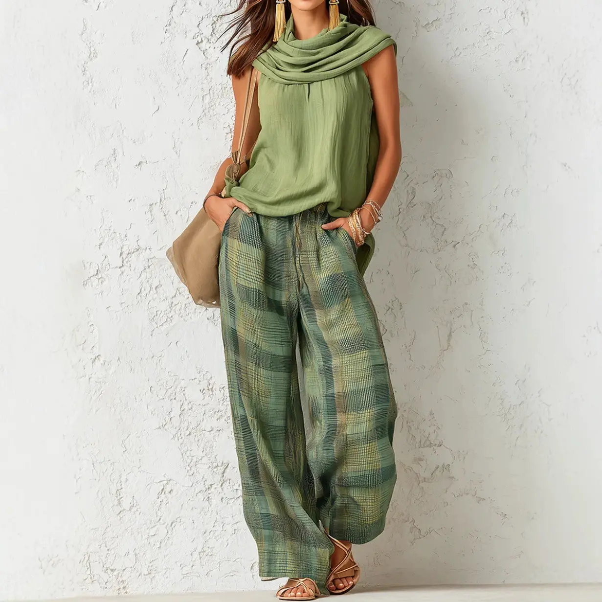 2026 new arrival women vintage style casual fashion sleeveless top and plaid pants two piece set trendy daily wear outfit for spring summer fall
