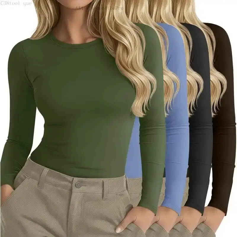 Women's 4-Pack Stretchy Fabric Long Sleeve Crew Neck Slim Fit Underscrub Undershirts, Casual Tight Tops for Tool Organizer & Tool Bag UsersAA48KitchenVibePro