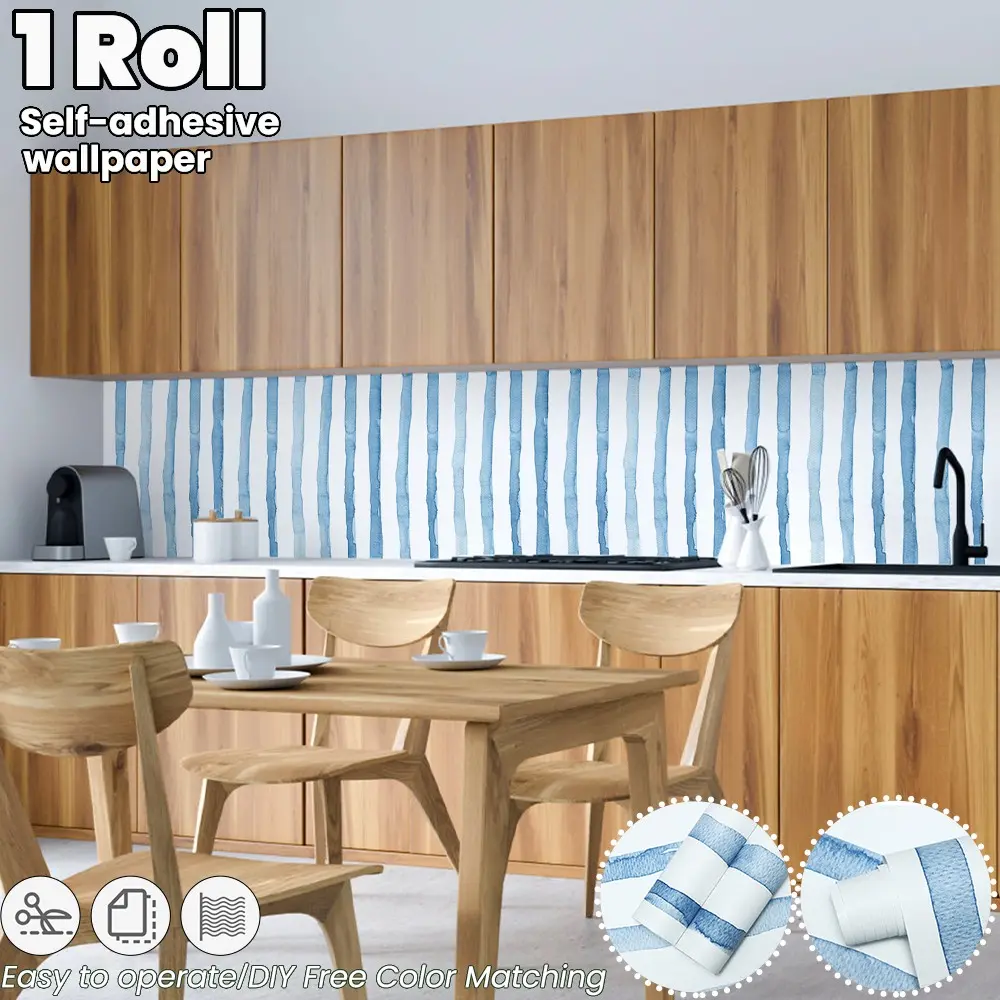 Self-Adhesive Blue Striped Wallpaper Roll, Modern Wall Decor for Indoor Walls, Kitchen, Furniture Renovation, Home Decoration