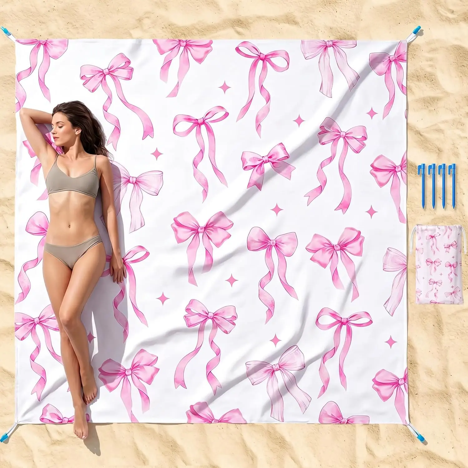Pink Bow Beach Blanket, Large 79''x83'' Sandproof Water-Resistant Beach Mat| Lightweight Quick-Dry Foldable Picnic Blanket with 4 Stakes & Carry Bag for Beach, Travel, Camping