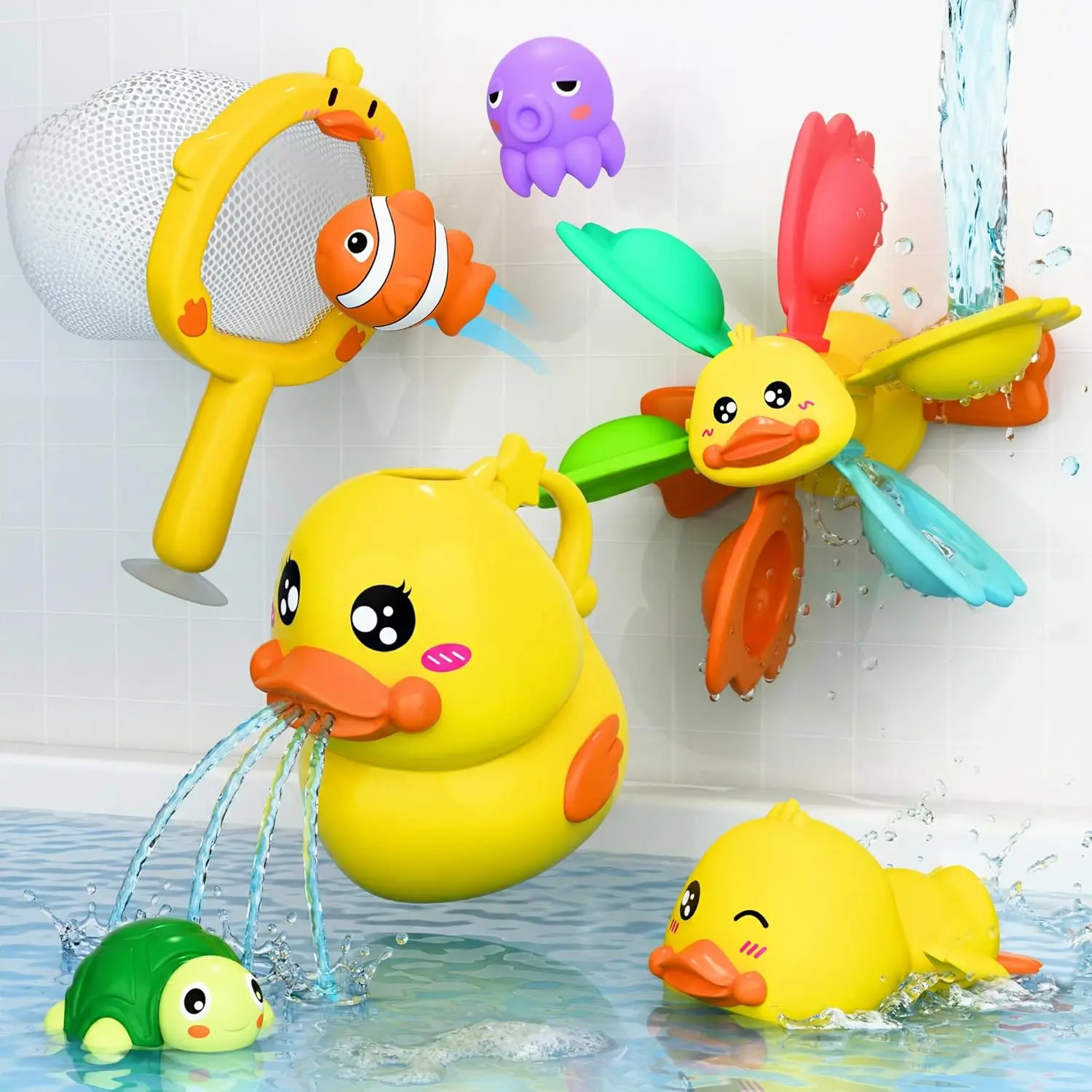 Baby Duck Bath Toy, Toddler Bathtub Shower Toy W/ Suction Spin Gear, Floating Animals, Fishing Net Pool Water Play, Birthday Easter Gift 6 12 18 Month Infant 1 2 3 Year Old Kid Boy Girlfidget toys