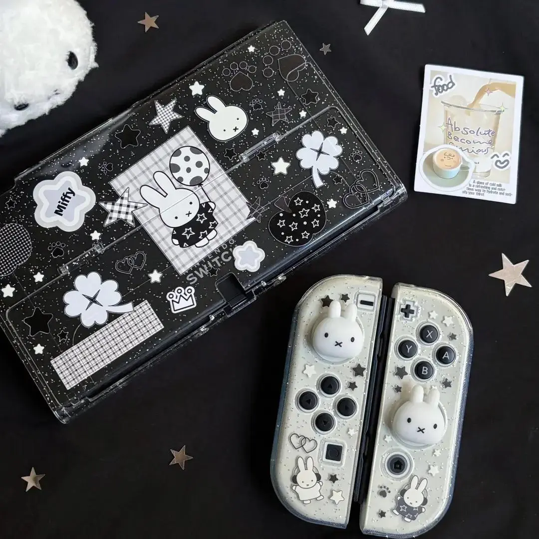 Cute Bunny Glitter Protective Case Compatible with Nintendo Switch 2 / OLED / Switch V2 / Lite, Clear Sparkle Console Cover with Thumb Grip Caps, Kawaii Gaming Accessories