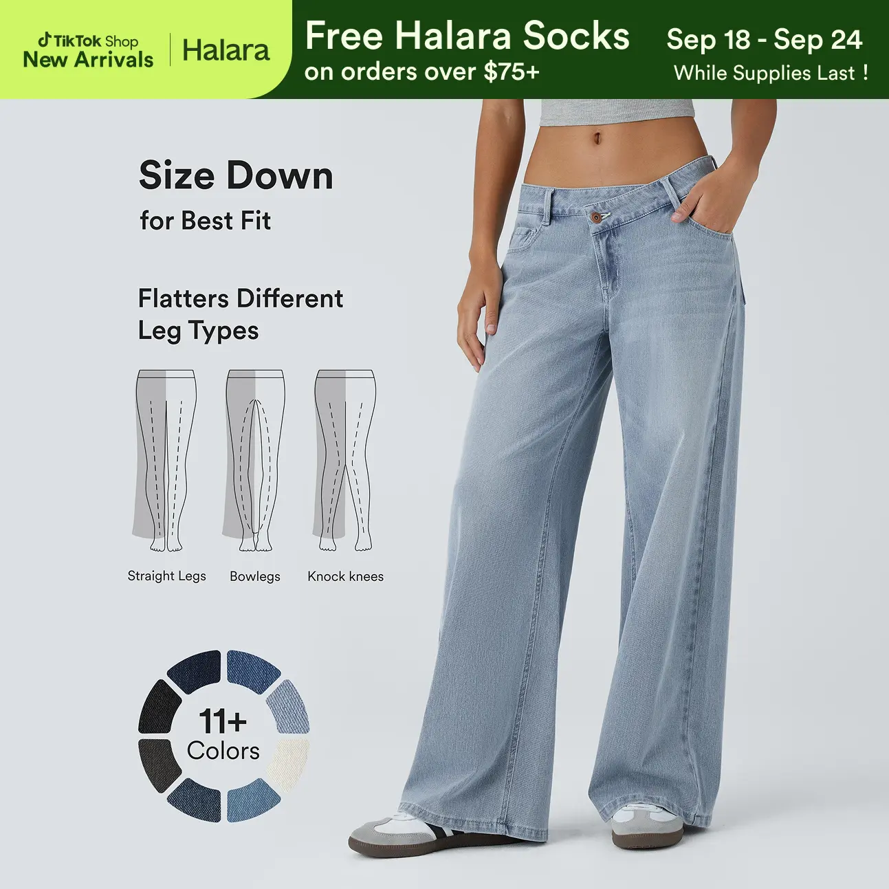 Halara Flex™ Asymmetric Low Rise Zipper Pockets Baggy Wide Leg Washed Casual Jeans