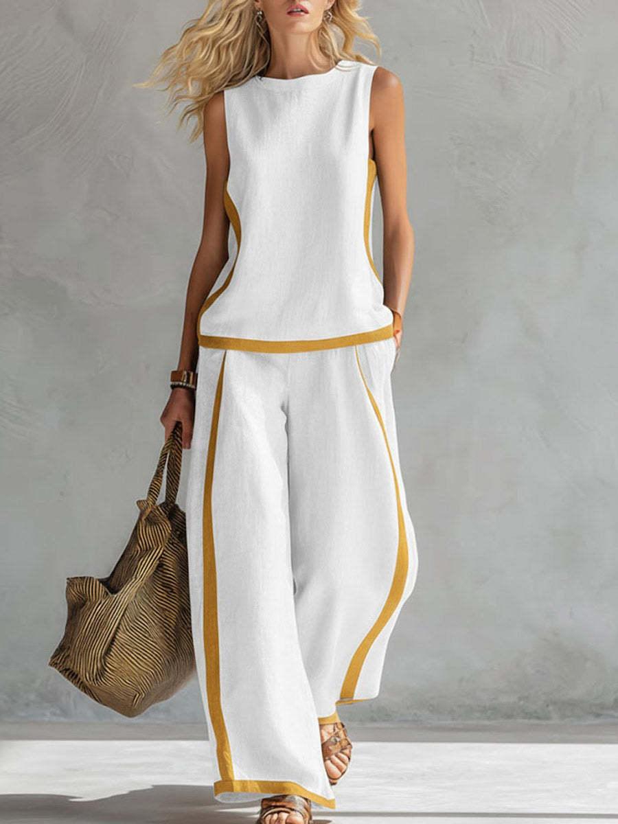 2026 Linen Blend Two Piece Set for Women Sleeveless Color Block Top Wide Leg Pants Set Casual Summer Outfit # LinenSet # WideLegPants # ColorBlock # SummerOutfit # BohoFashion # CasualWear # Outfit of the Day # WomensFashion