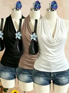 Four-Season 【Plus Size 】Versatile Women's Casual Solid Color Halter Top Three-Piece Set, Comfortable and Stylish Everyday Wear
