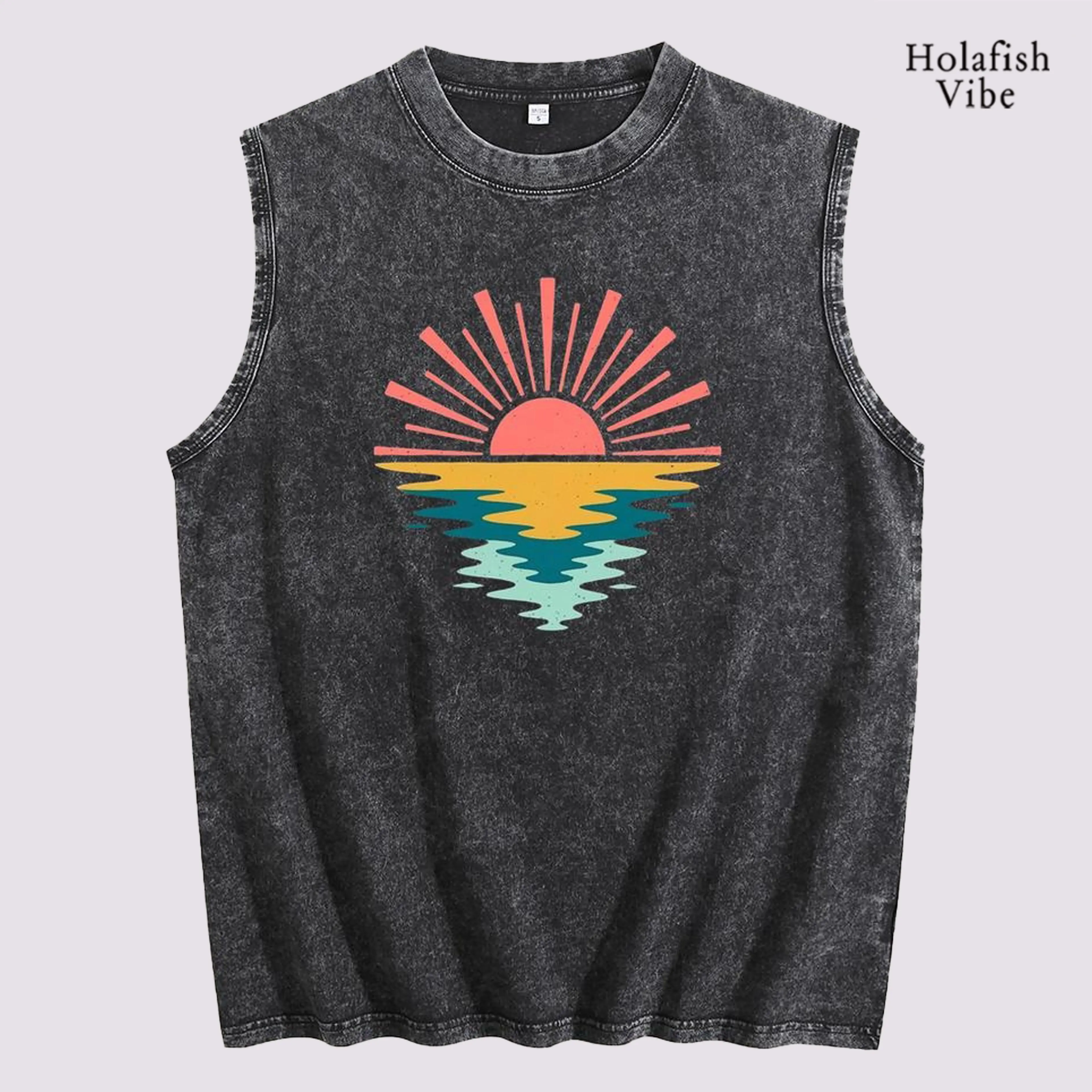 Holafish Women's Vintage Acid Wash Oversized Loose-Fit Tank Top, Sun Graphic Print, Soft Breathable Cotton Sleeveless Shirt, Summer Outfit Staple for Gym Training & Everyday Casual Wear